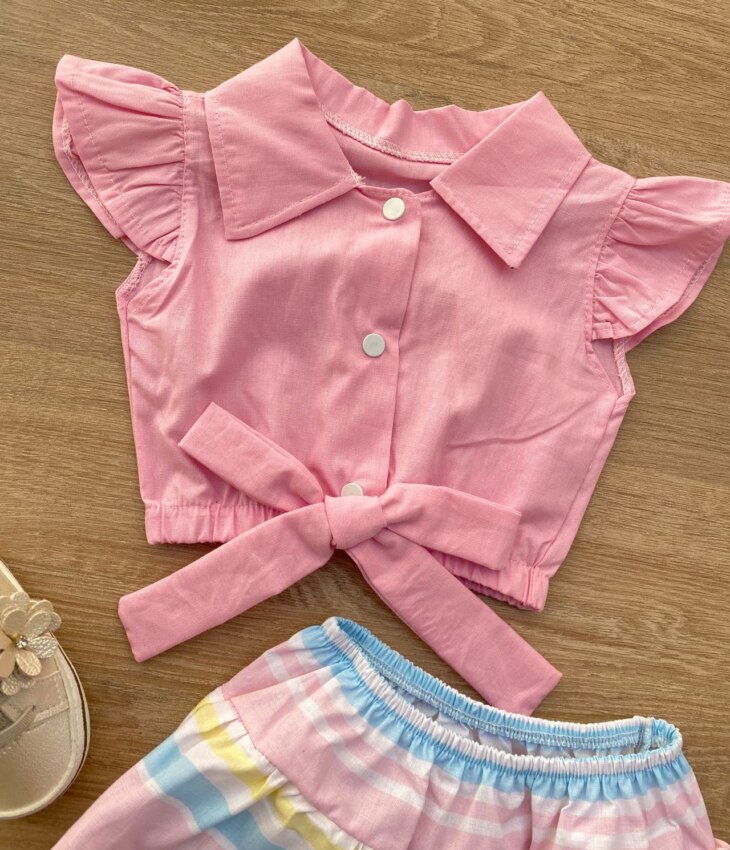 fernandaramoskids com br Conjunto Infantil Feminino Blusa Cropped Rosa e Calcinha Listrada 2