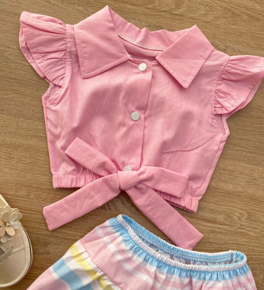 fernandaramoskids com br Conjunto Infantil Feminino Blusa Cropped Rosa e Calcinha Listrada 2