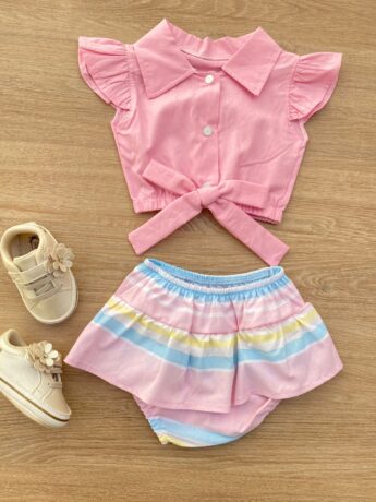 Conjunto Infantil Feminino Blusa Cropped Rosa e Calcinha Listrada Fernanda Ramos Kids