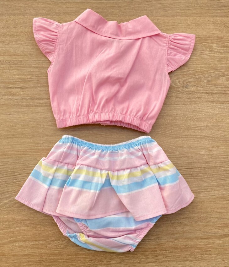fernandaramoskids com br Conjunto Infantil Feminino Blusa Cropped Rosa e Calcinha Listrada 4
