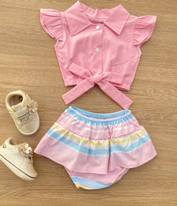 Conjunto Infantil Feminino Blusa Cropped Rosa e Calcinha Listrada Fernanda Ramos Kids