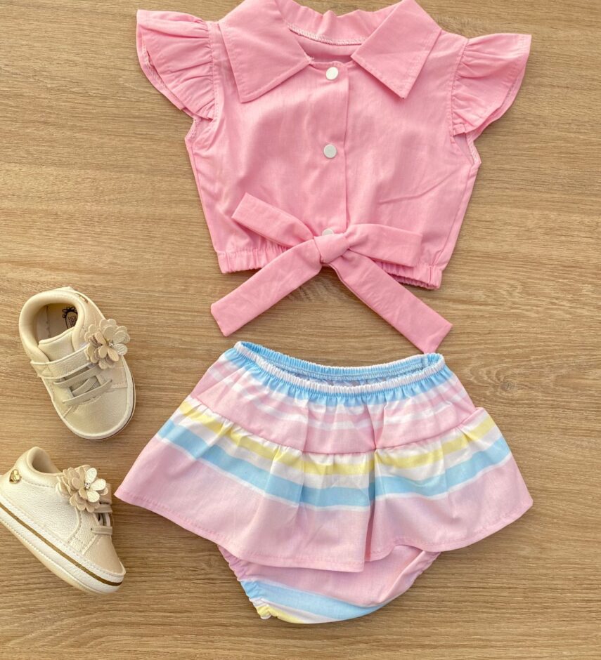 Conjunto Infantil Feminino Blusa Cropped Rosa e Calcinha Listrada Fernanda Ramos Kids