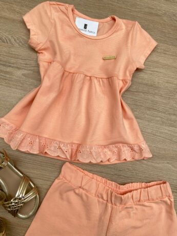 fernandaramoskids com br Conjunto Infantil Feminino Blusa Detalhe Laise e Short Salmão 1