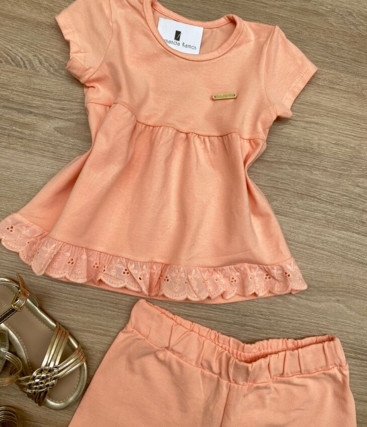 fernandaramoskids com br Conjunto Infantil Feminino Blusa Detalhe Laise e Short Salmão 1