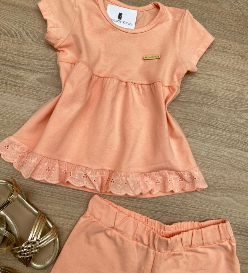fernandaramoskids com br Conjunto Infantil Feminino Blusa Detalhe Laise e Short Salmão 1