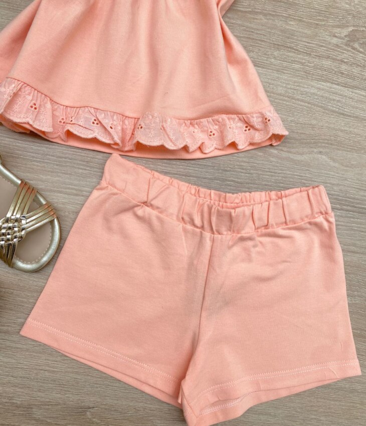 fernandaramoskids com br Conjunto Infantil Feminino Blusa Detalhe Laise e Short Salmão 2
