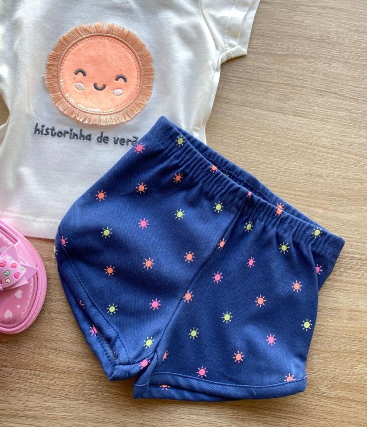 fernandaramoskids com br Conjunto Infantil Feminino Blusa e Short Estampa Sol 1