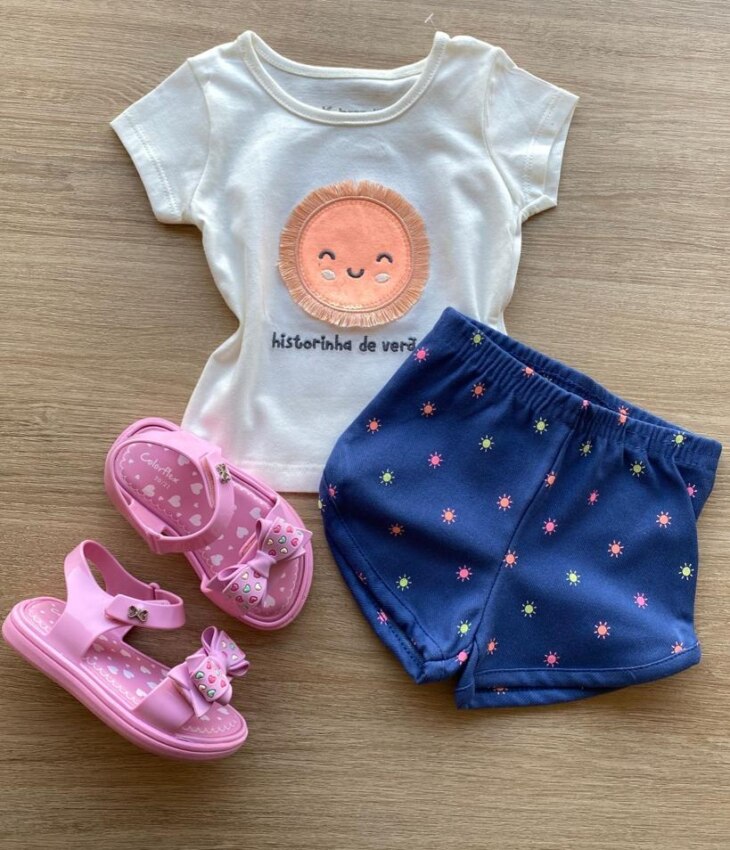 Conjunto Infantil Feminino Blusa e Short Estampa Sol Fernanda Ramos Kids