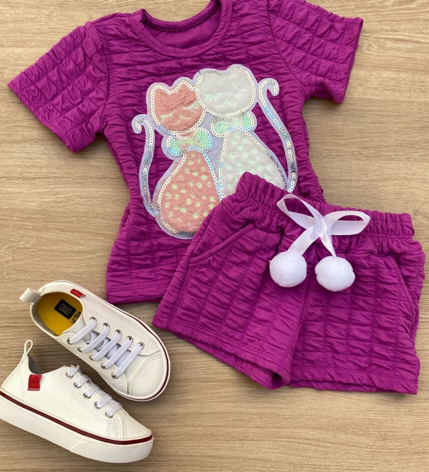 Conjunto Infantil Feminino Blusa Gatinho Manga Curta e Short Fúcsia Fernanda Ramos Store