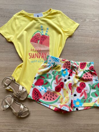 Conjunto Infantil Feminino Blusa Happy Sunday e Short Estampado Fernanda Ramos Kids
