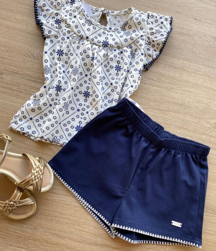 fernandaramoskids com br Conjunto Infantil Feminino Blusa Laise e Short Azul Marinho 2