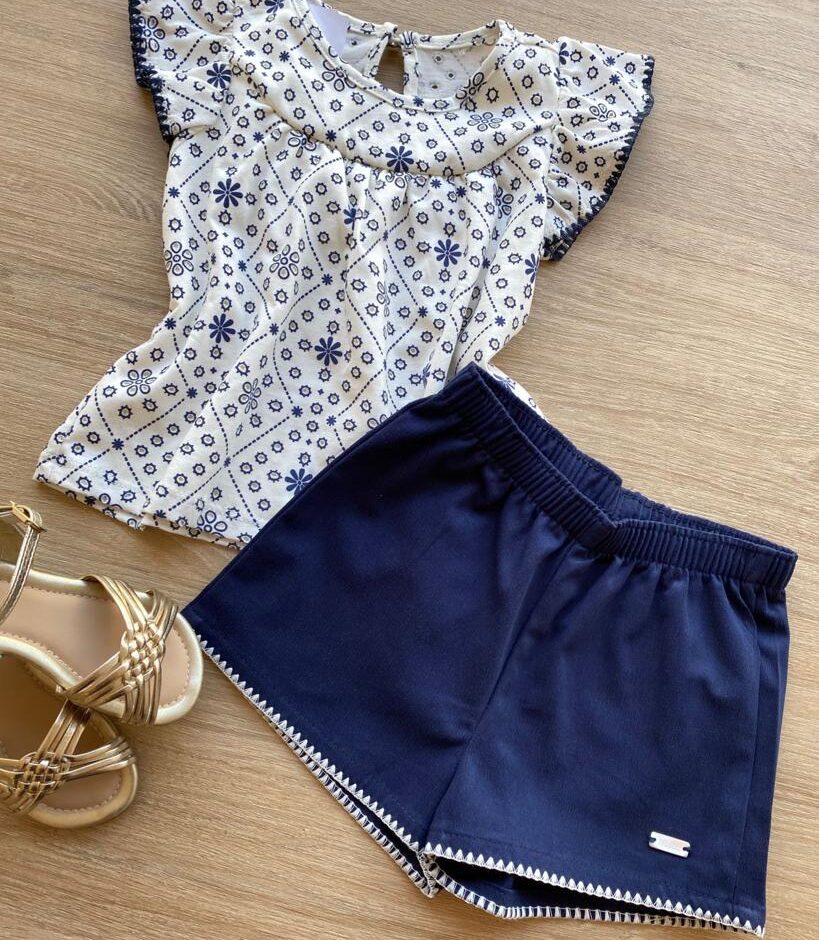 fernandaramoskids com br Conjunto Infantil Feminino Blusa Laise e Short Azul Marinho 2
