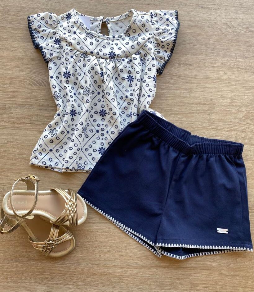 Conjunto Infantil Feminino Blusa Laise e Short Azul Marinho Fernanda Ramos Kids