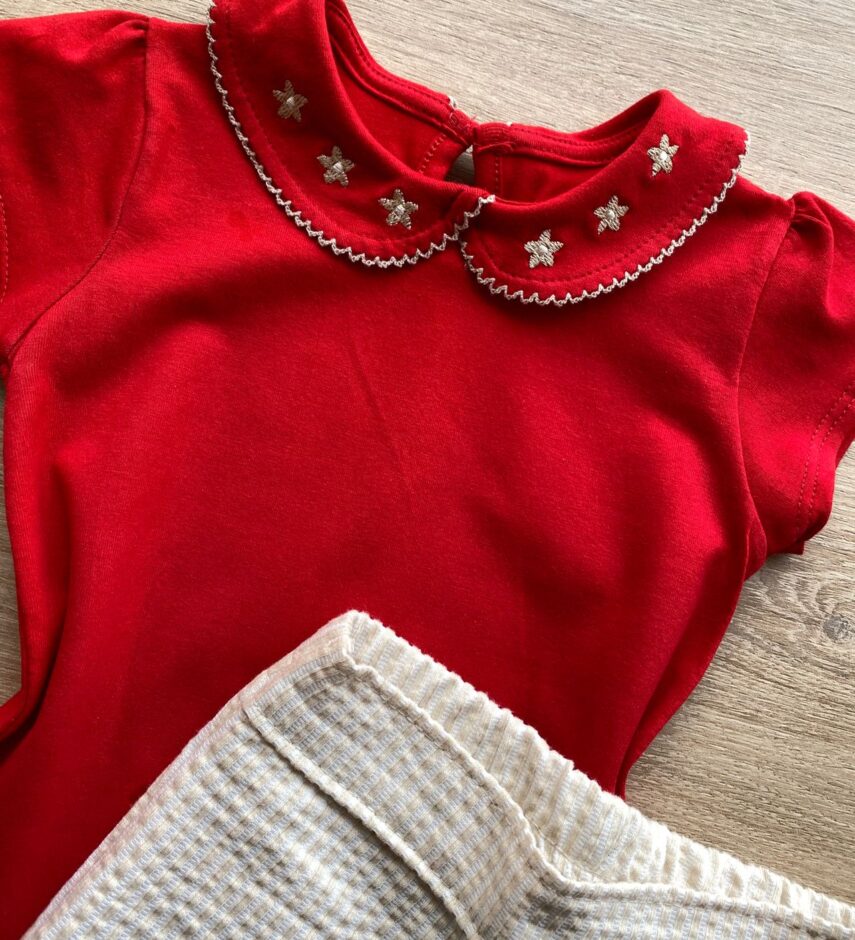 fernandaramoskids com br Conjunto Infantil Feminino Blusa Manga Curta Vermelha e Short Bege 1