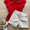 Conjunto Infantil Feminino Blusa Manga Curta Vermelha e Short Bege Fernanda Ramos Kids