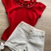 fernandaramoskids com br Conjunto Infantil Feminino Blusa Manga Curta Vermelha e Short Bege 2