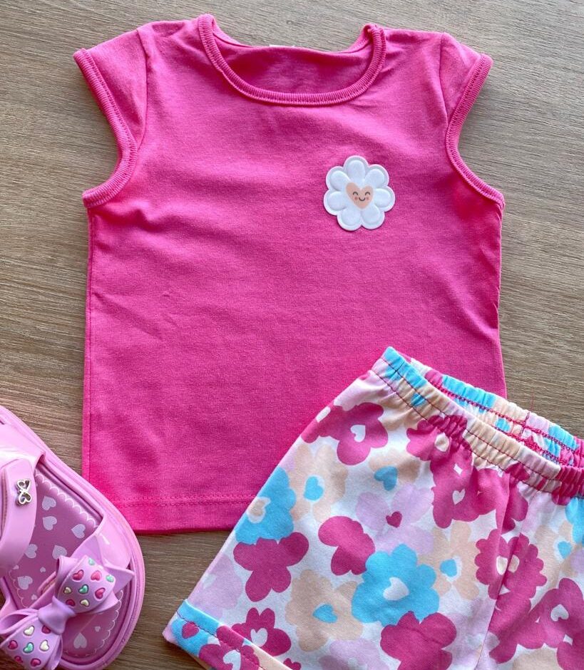 fernandaramoskids com br Conjunto Infantil Feminino Blusa Rosa e Short Estampa Floral 1