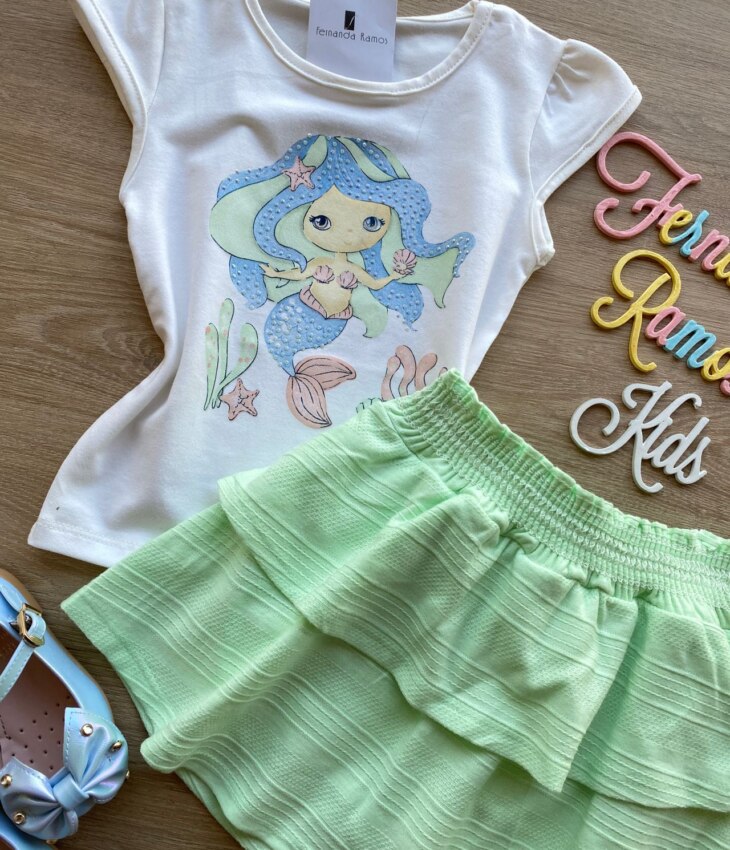 fernandaramoskids com br Conjunto Infantil Feminino Blusa Sereia e Short Saia Verde 1