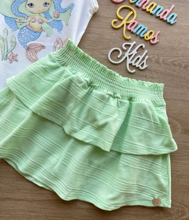 fernandaramoskids com br Conjunto Infantil Feminino Blusa Sereia e Short Saia Verde 3