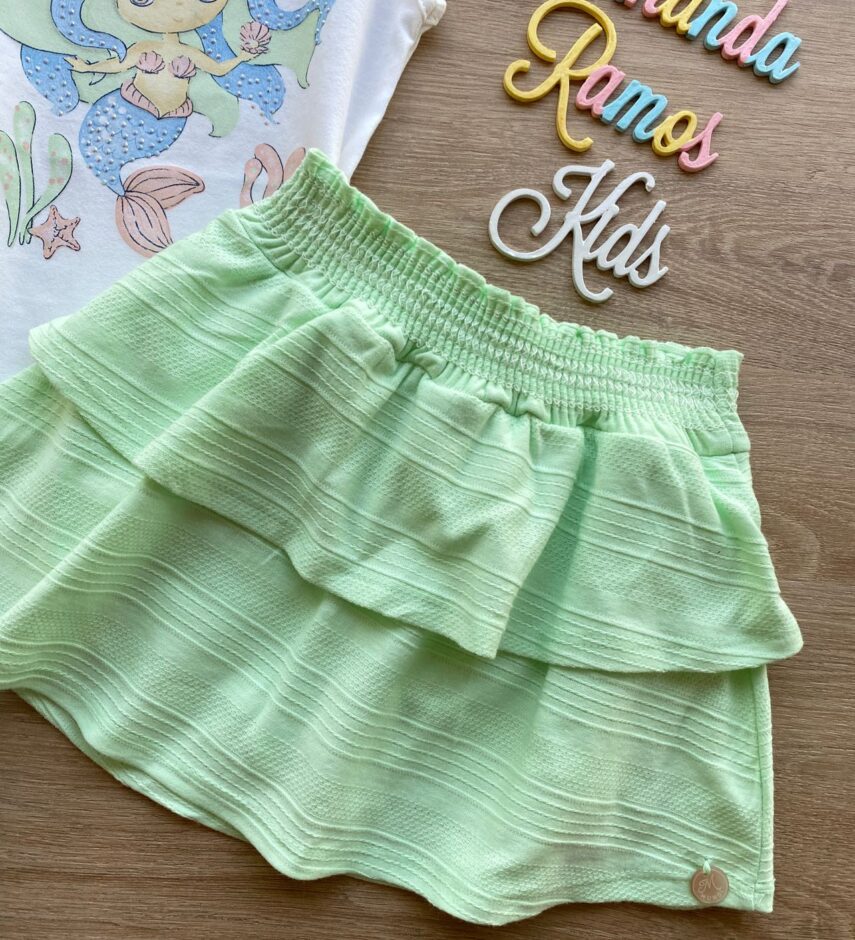 fernandaramoskids com br Conjunto Infantil Feminino Blusa Sereia e Short Saia Verde 3