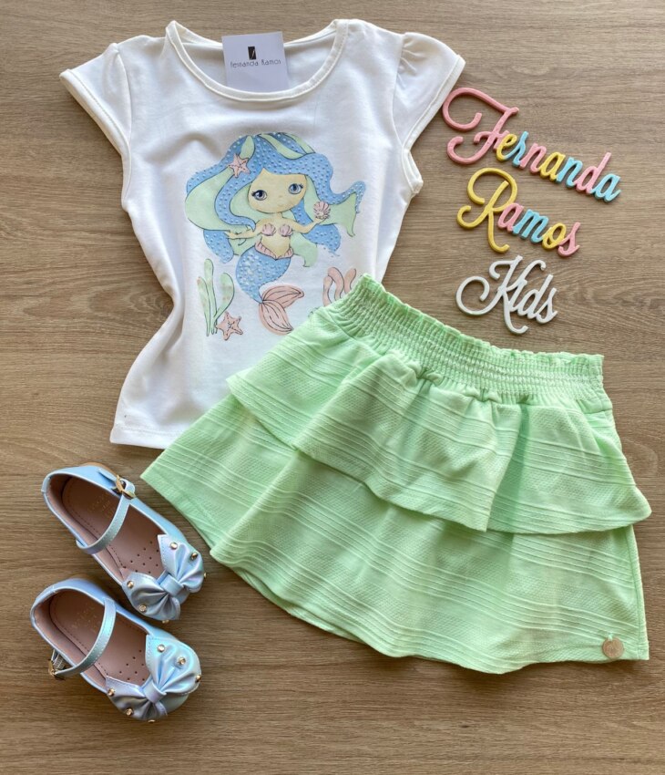 Conjunto Infantil Feminino Blusa Sereia e Short Saia Verde Fernanda Ramos Kids