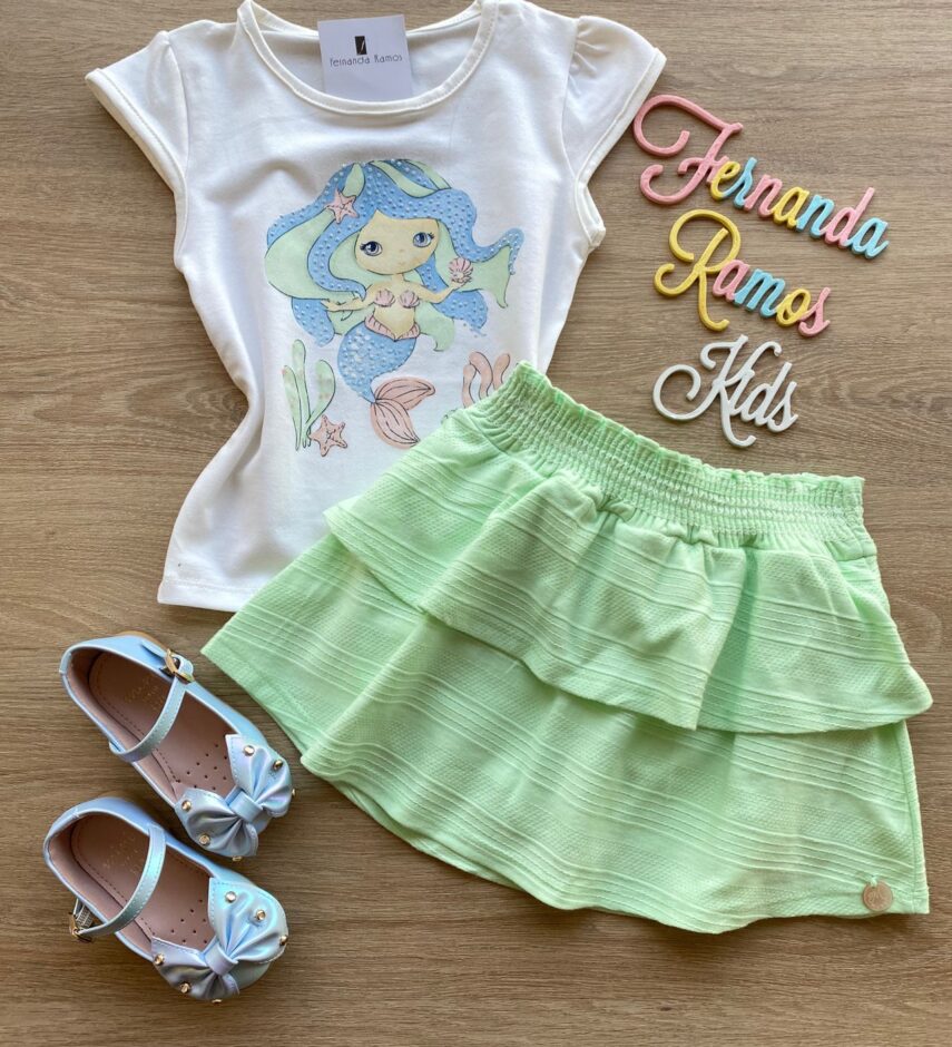 Conjunto Infantil Feminino Blusa Sereia e Short Saia Verde Fernanda Ramos Kids