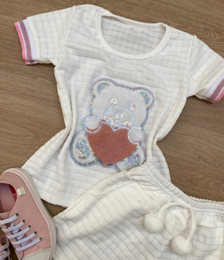 fernandaramoskids com br Conjunto Infantil Feminino Blusa Ursinho Manga Curta e Short Branco 1