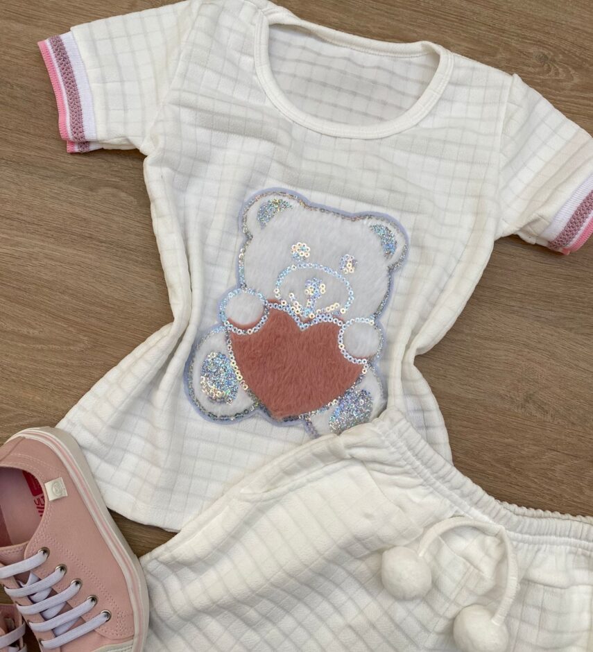 fernandaramoskids com br Conjunto Infantil Feminino Blusa Ursinho Manga Curta e Short Branco 1