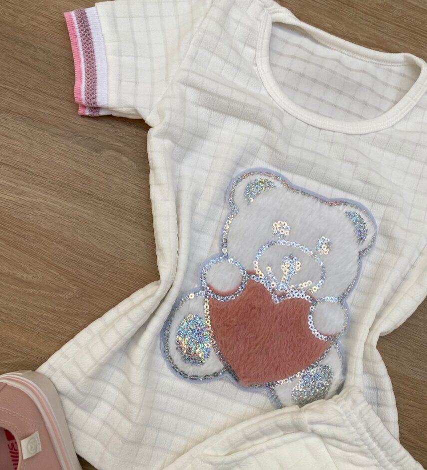 fernandaramoskids com br Conjunto Infantil Feminino Blusa Ursinho Manga Curta e Short Branco 2