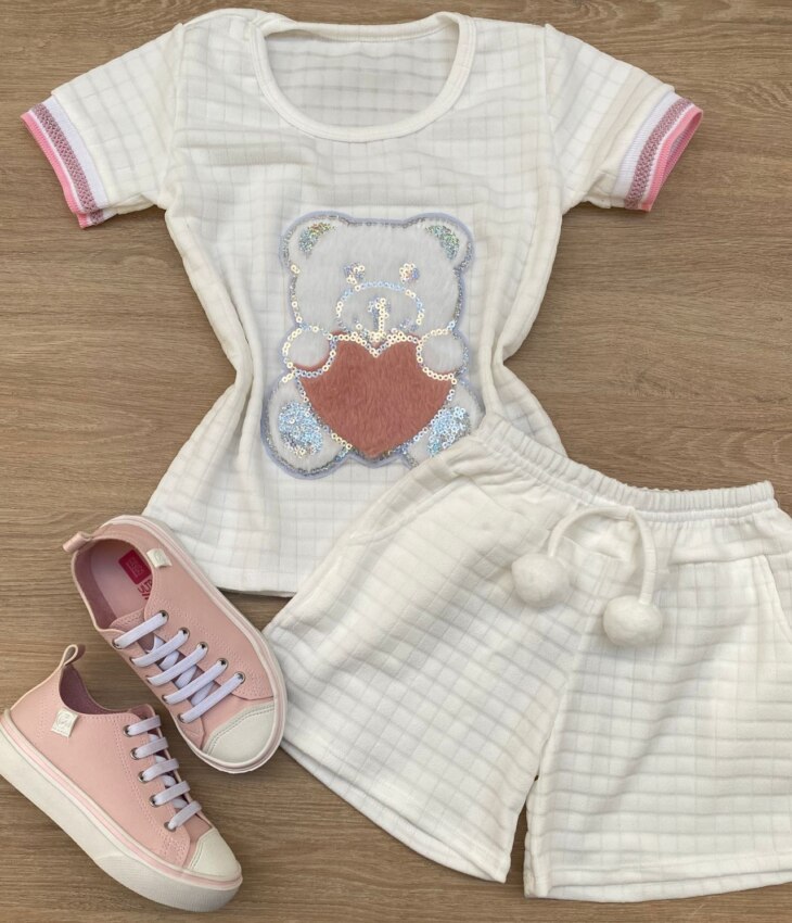 Conjunto Infantil Feminino Blusa Ursinho Manga Curta e Short Branco Fernanda Ramos Kids