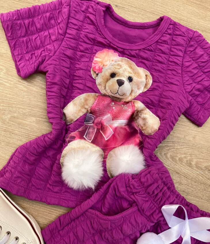 fernandaramoskids com br Conjunto Infantil Feminino Blusa Ursinho Manga Curta e Short Fúcsia 1