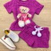 Conjunto Infantil Feminino Blusa Ursinho Manga Curta e Short Fúcsia Fernanda Ramos Store