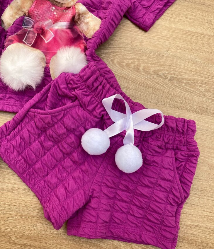 fernandaramoskids com br Conjunto Infantil Feminino Blusa Ursinho Manga Curta e Short Fúcsia 2