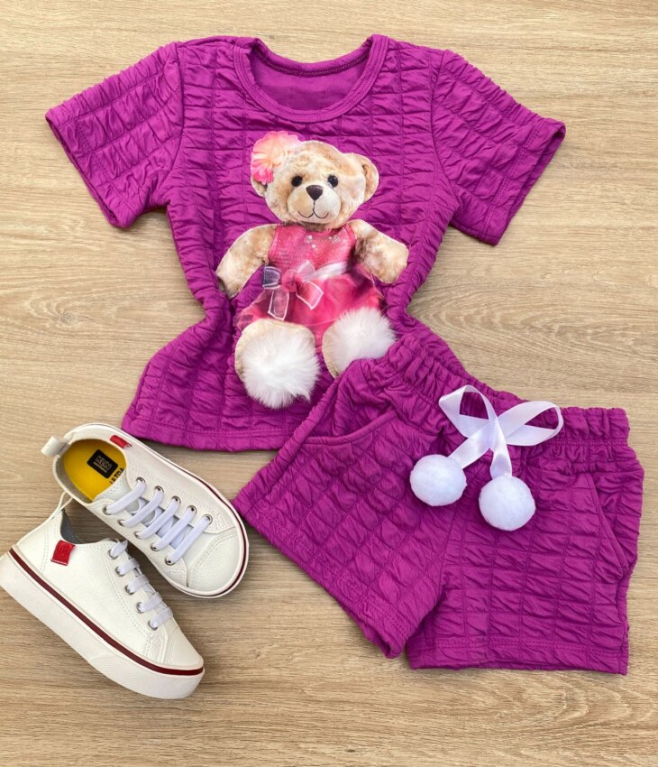 Conjunto Infantil Feminino Blusa Ursinho Manga Curta e Short Fúcsia Fernanda Ramos Store