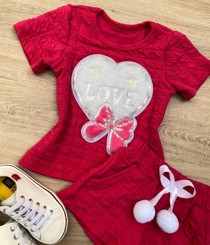 fernandaramoskids com br Conjunto Infantil Feminino Blusa Love Manga Curta e Short Pink 1