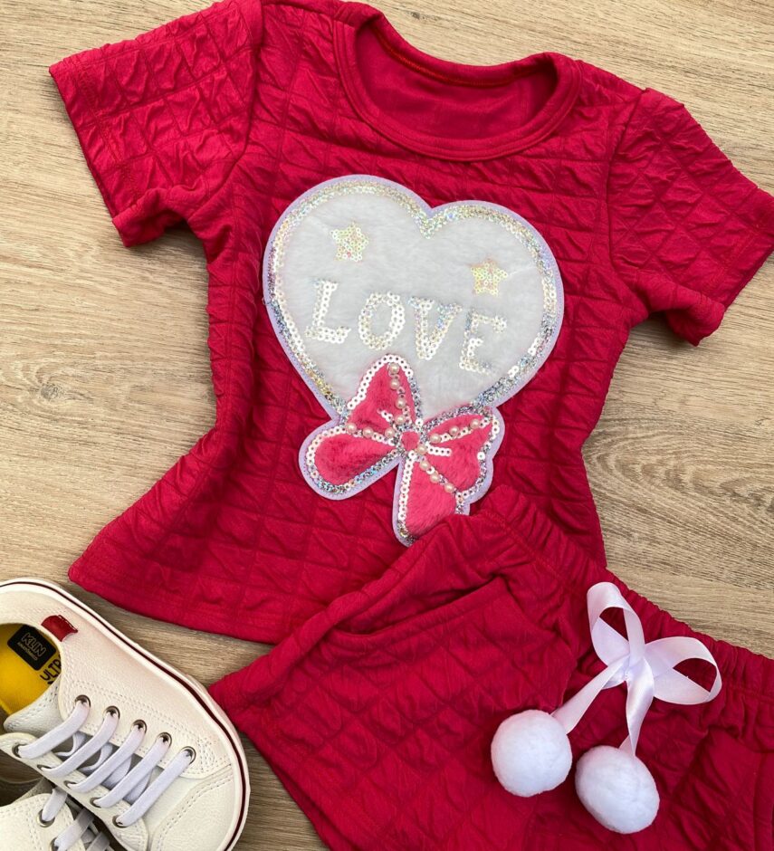 fernandaramoskids com br Conjunto Infantil Feminino Blusa Love Manga Curta e Short Pink 1