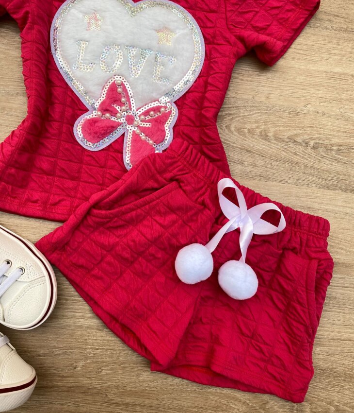 fernandaramoskids com br Conjunto Infantil Feminino Blusa Love Manga Curta e Short Pink 2
