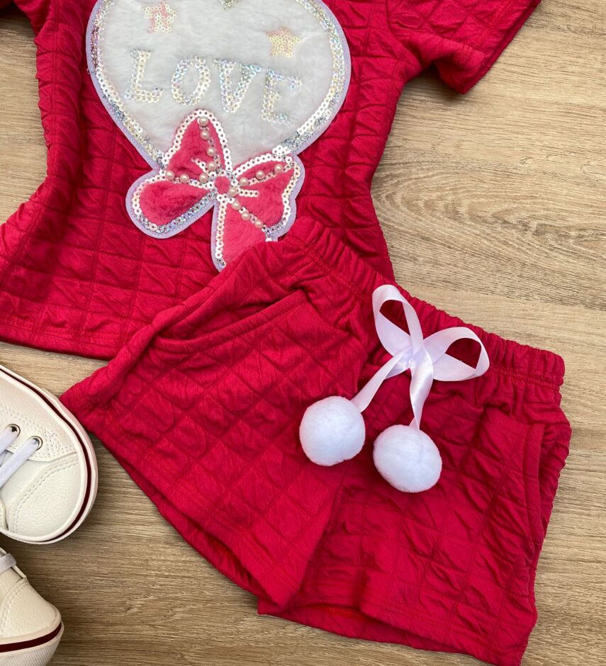 fernandaramoskids com br Conjunto Infantil Feminino Blusa Love Manga Curta e Short Pink 2