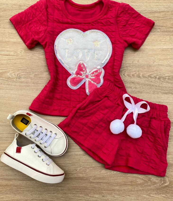 Conjunto Infantil Feminino Blusa Love Manga Curta e Short Pink Fernanda Ramos Kids