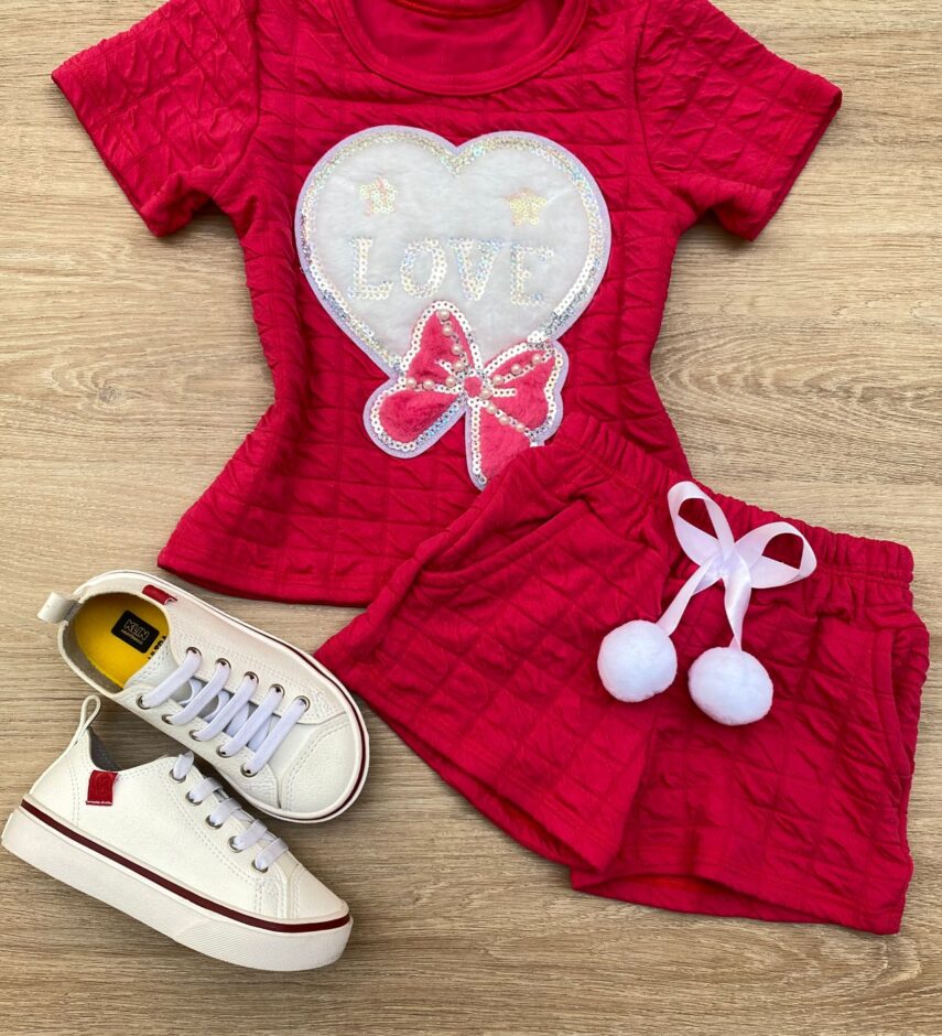 Conjunto Infantil Feminino Blusa Love Manga Curta e Short Pink Fernanda Ramos Kids