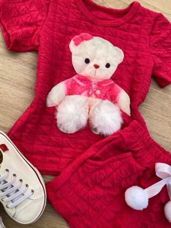 fernandaramoskids com br Conjunto Infantil Feminino Blusa Ursinho Manga Curta e Short Pink 1