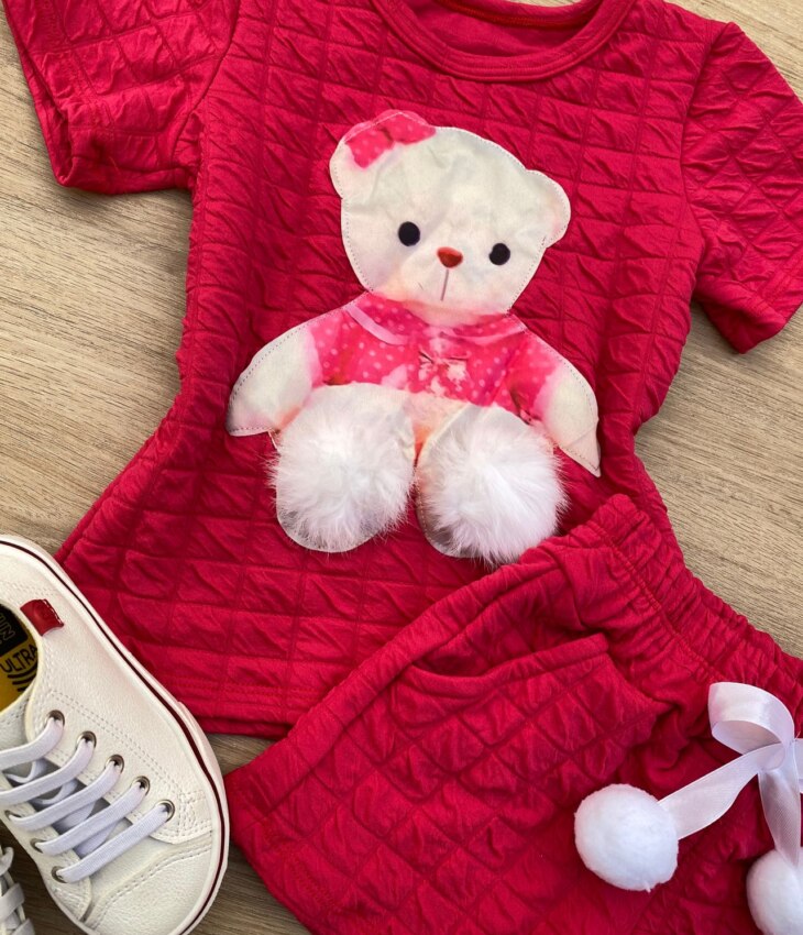 fernandaramoskids com br Conjunto Infantil Feminino Blusa Ursinho Manga Curta e Short Pink 1