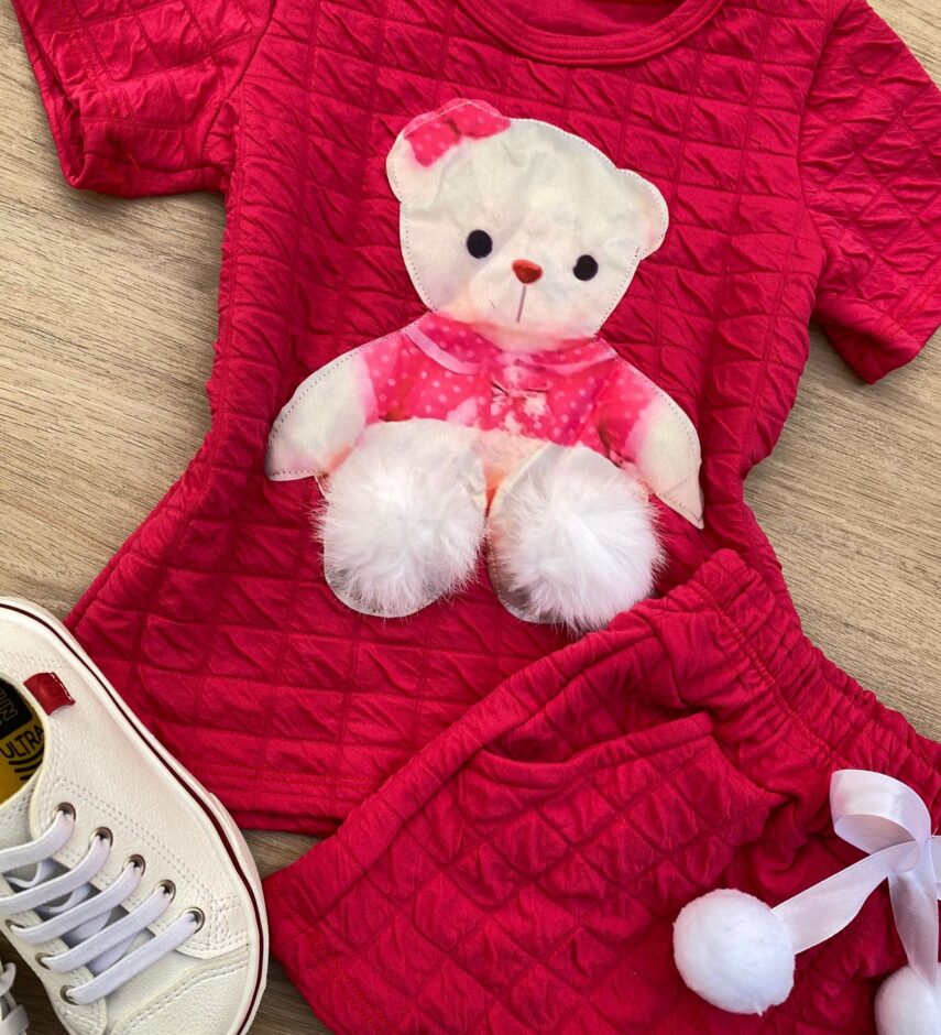 fernandaramoskids com br Conjunto Infantil Feminino Blusa Ursinho Manga Curta e Short Pink 1