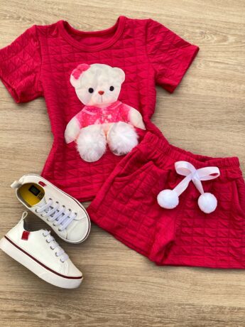 Conjunto Infantil Feminino Blusa Ursinho Manga Curta e Short Pink Fernanda Ramos Kids
