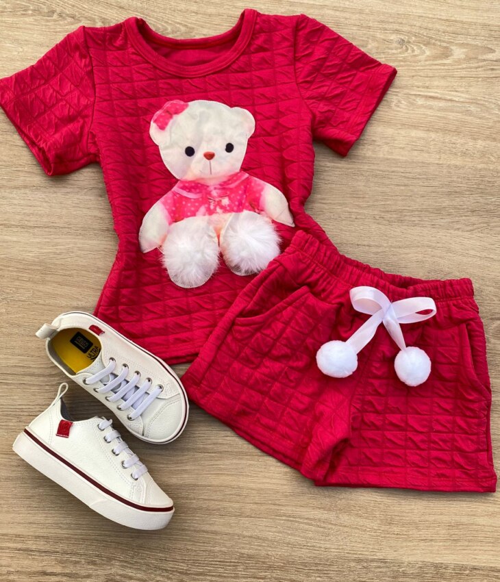 Conjunto Infantil Feminino Blusa Ursinho Manga Curta e Short Pink Fernanda Ramos Kids