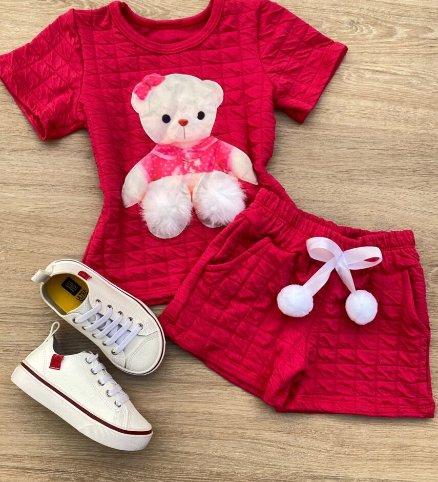 Conjunto Infantil Feminino Blusa Ursinho Manga Curta e Short Pink Fernanda Ramos Kids