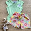 Conjunto Infantil Feminino Blusa Verde e Short Estampa Floral Fernanda Ramos Kids