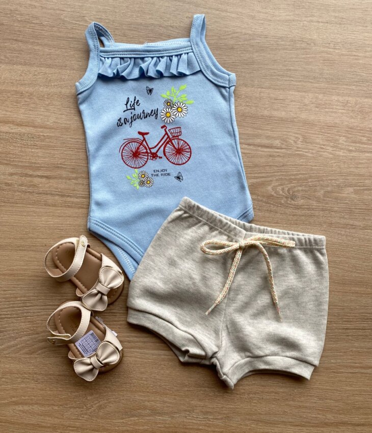 Conjunto Infantil Feminino Body Azul Short Cinza Fernanda Ramos Kids