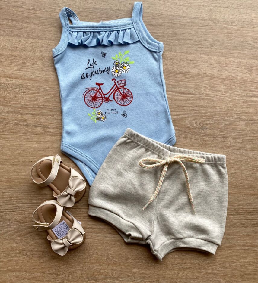 Conjunto Infantil Feminino Body Azul Short Cinza Fernanda Ramos Kids