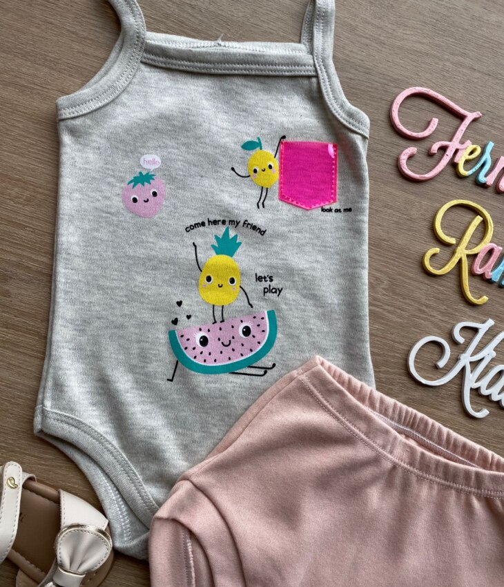 fernandaramoskids com br Conjunto Infantil Feminino Body Cinza com Estampa e Short Rose 1